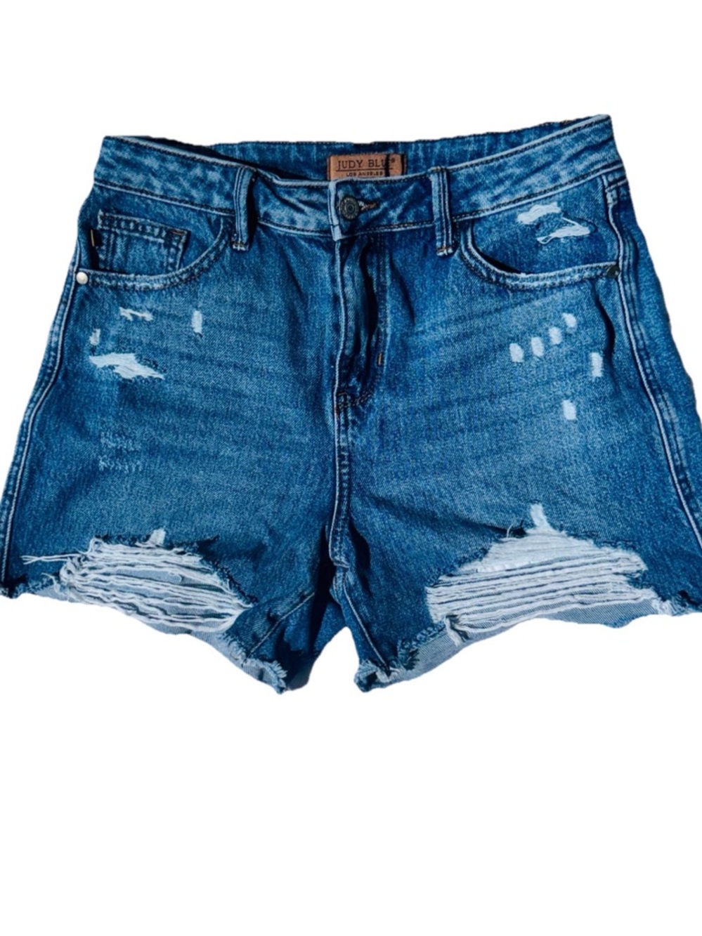 Judy Blue High Rise Distressed Denim Cutoff Shorts Magic Stretch Frayed Hem Med